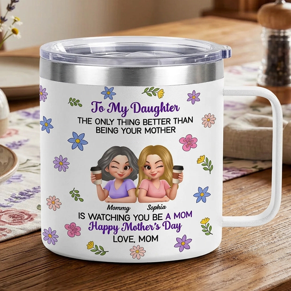 Personalized Mother's Day Stainless Steel Coffee Mug with Floral Mom Daughter Quote, Unique Gift for Daughter