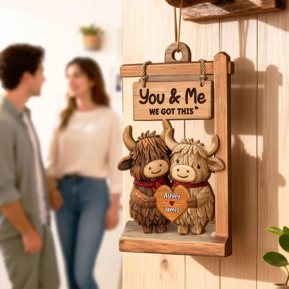 Wooden Ornament with Sweet You & Me Message, Cute Cow Couple Holding Heart, Personalized Holiday Decor Gift