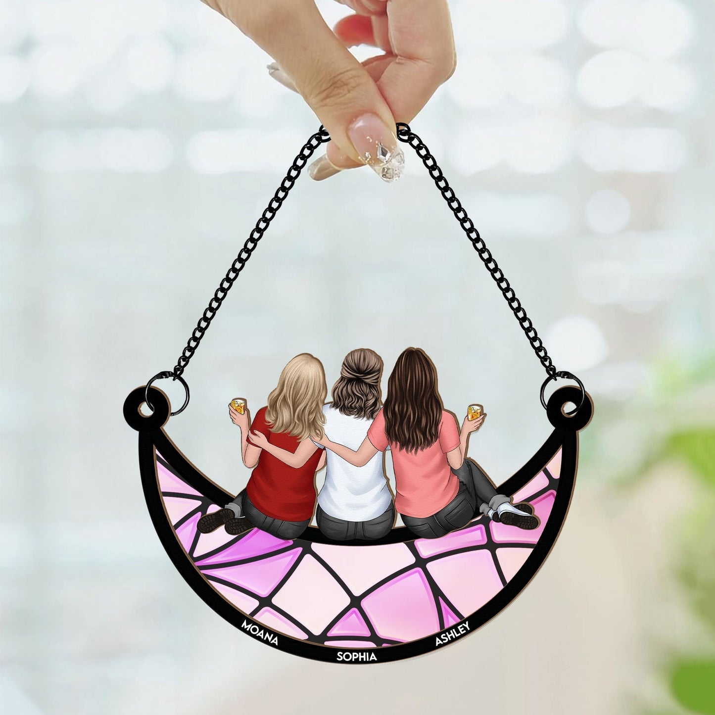 Back View Girls on Moon – Custom Friendship Ornament with Names and Outfits