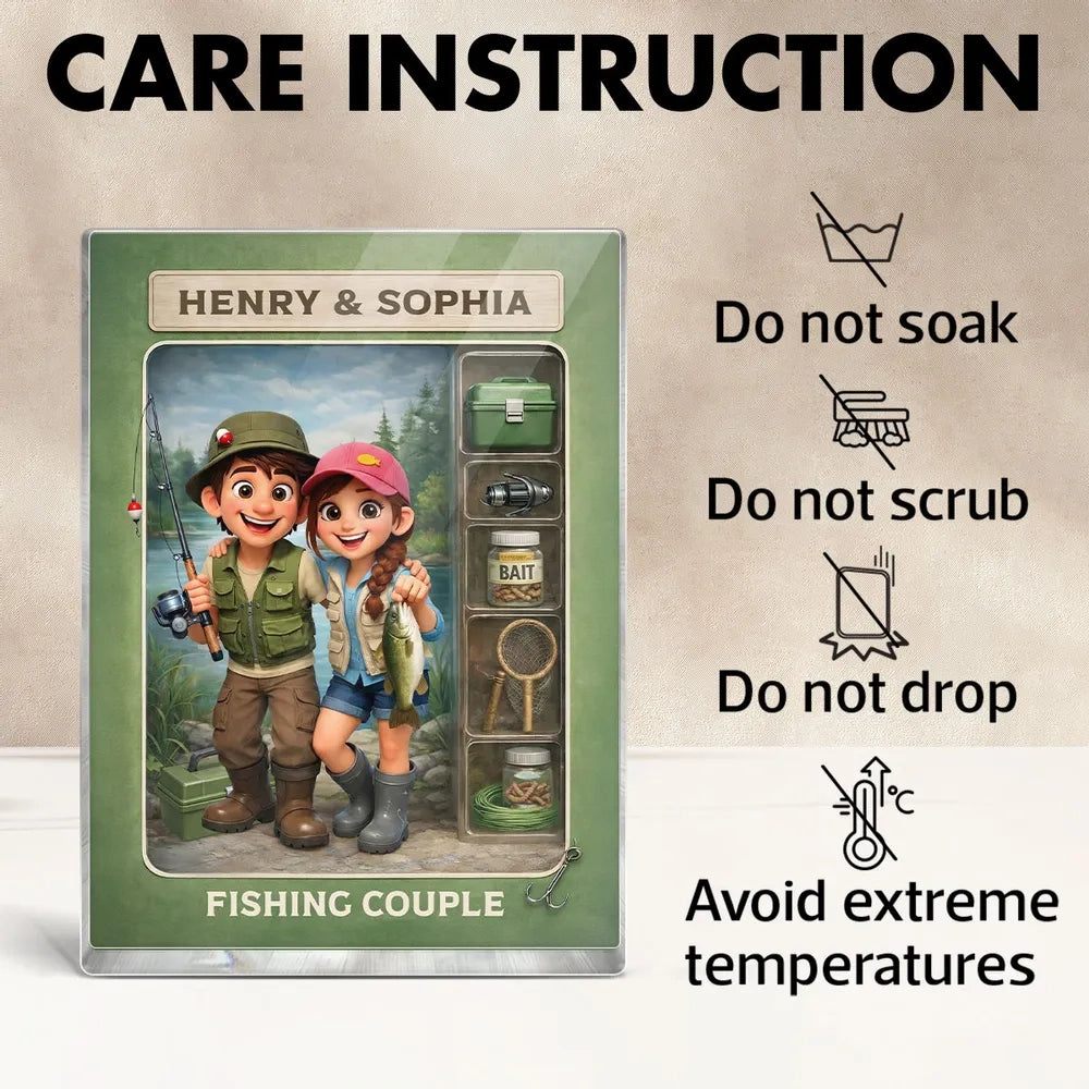 Personalized Rectangle Acrylic Block Plaque Fishing Couple Cartoon Keepsake for Lake-Loving Partners, Unique Creative Gift