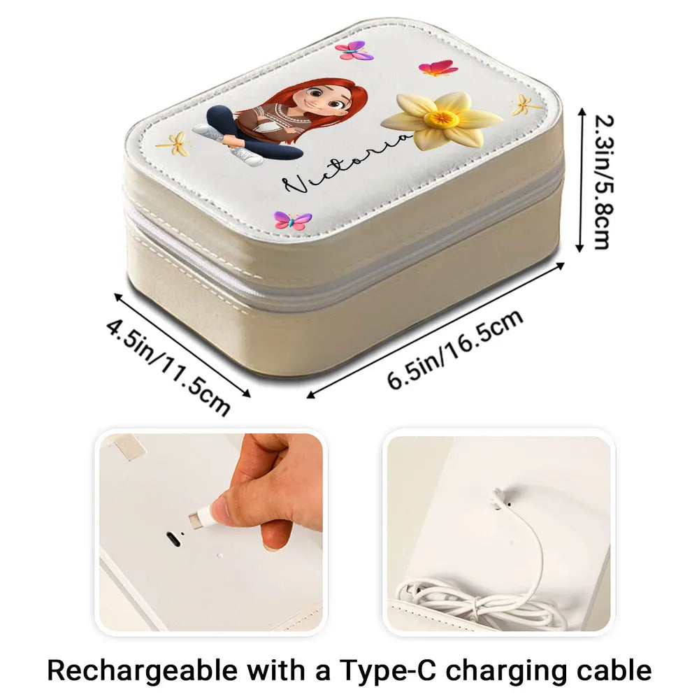 Personalized Leather LED Makeup Case with Cartoon Girl & Rose – Cute Custom Gift for Girls and Teens