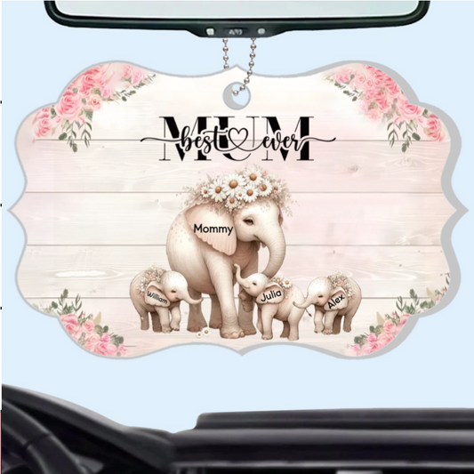 Personalized Mom Elephant Ornament – Custom Car Hanger for Mother