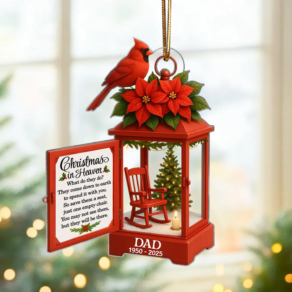 Acrylic Ornament Lantern Scene with Poinsettia and Candle – serene remembrance tree ornament, gift-ready memorial keepsake for Dad, Mom, and loved ones