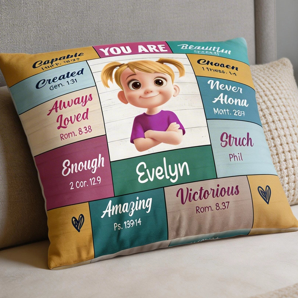 Square Pillow with 'You Are' Bible Verse Affirmations, Bright Pastel Nursery Accent, Thoughtful Personalized Gift for Kids
