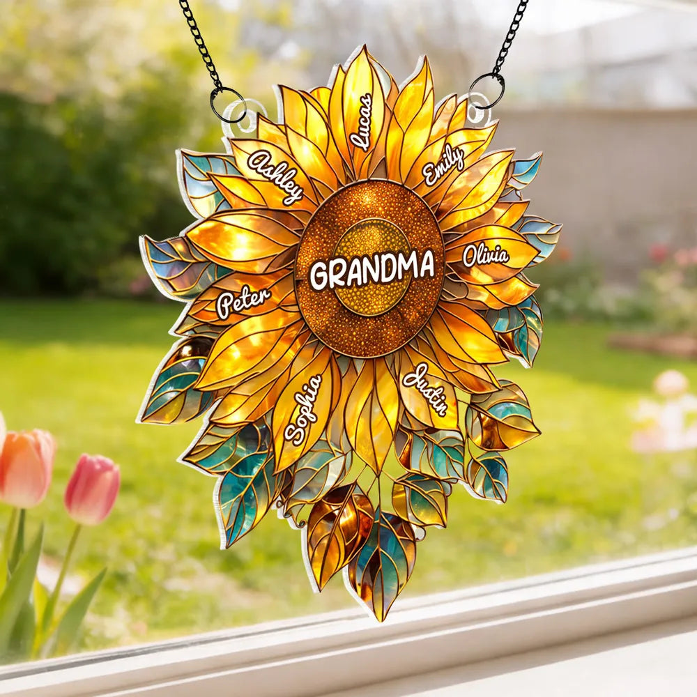 Custom Sunflower "Grandma's Love Bugs" Suncatcher - Personalized Window Art with Names for Grandma, Nana & Gigi - Unique Mother's Day or Birthday Gift