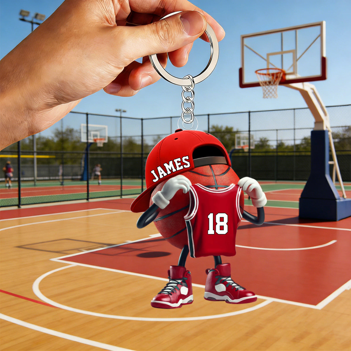 Personalized Basketball Character Acrylic Keychain on Outdoor Court - Unique Custom Gift for Basketball Fans