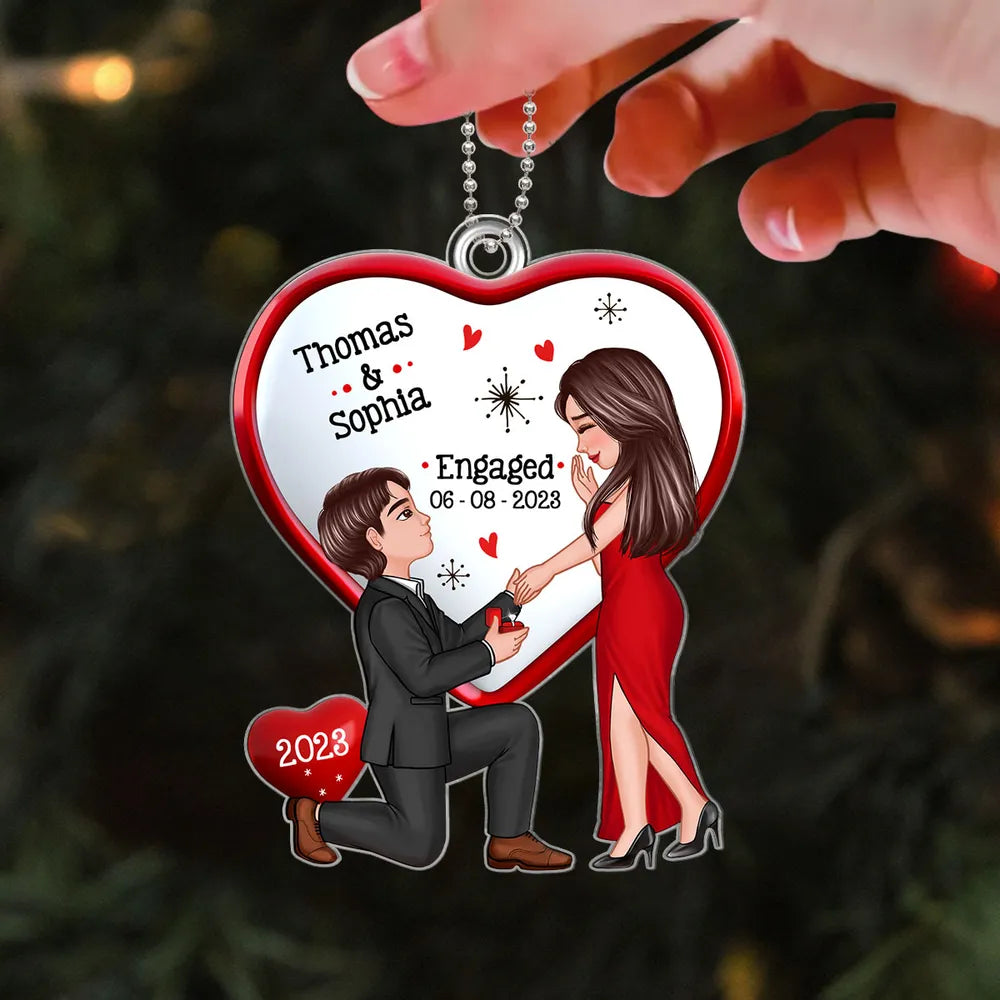 Personalized Engagement Proposal Acrylic Ornament, Kneeling Couple Heart Design, Unique Keepsake Gift for Couples