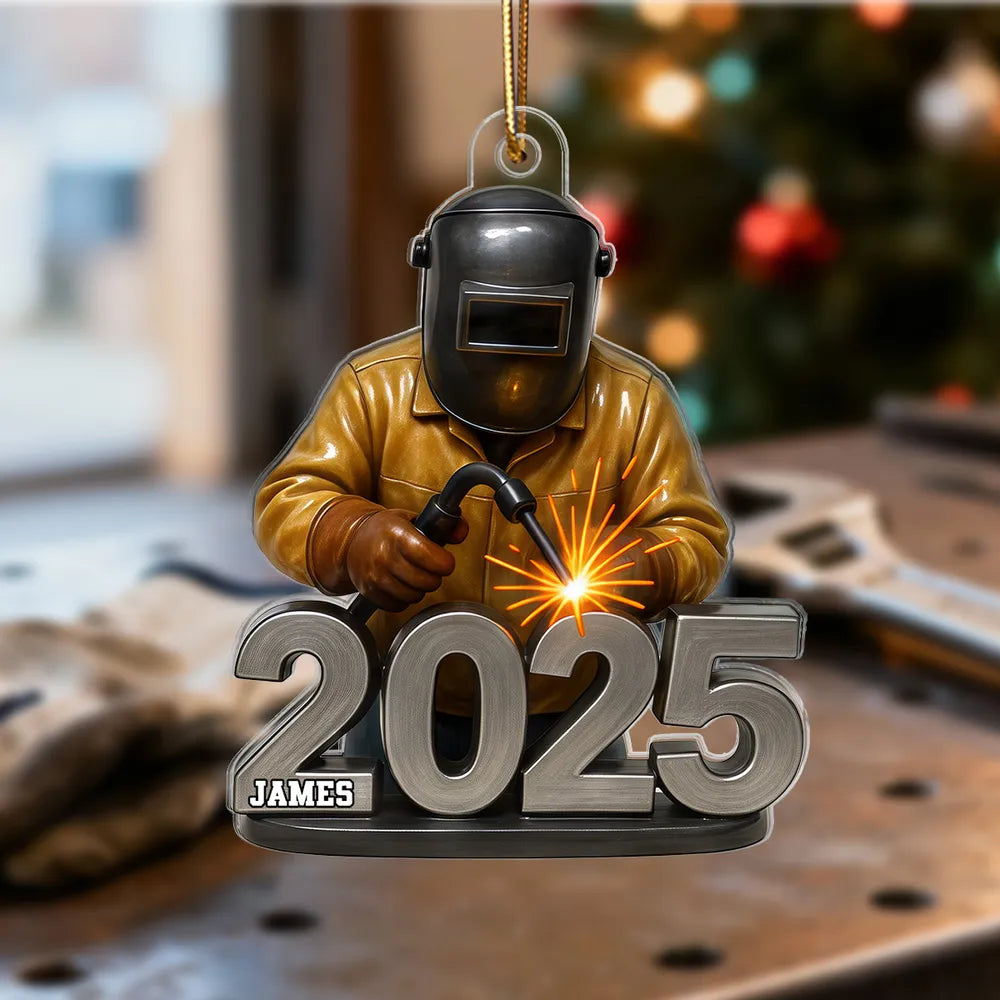 Welder Ornament with Helmet & Torch, Holiday Tree Decor with Bright Sparks, a unique gift for Metalworkers & Mechanics
