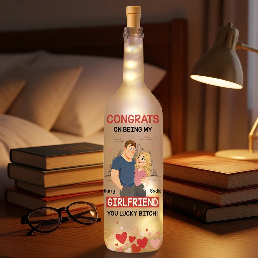 Personalized Bottle Lamp with Funny Girlfriend Cartoon, Warm Glow Bedroom Accent, Unique Gift for Girlfriend