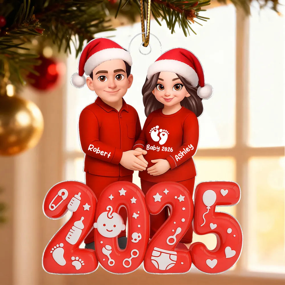 Acrylic Ornament for Expecting Parents - Personalized Santa-Hat Couple, Cozy Tree Keepsake, a unique gift for Mom-to-Be & Dad