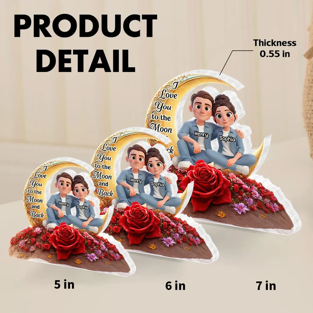 Personalized Shaped Acrylic Block Plaque Moon & Rose Couple Sitting by the Sea Unique Romantic Gift for Him or Her
