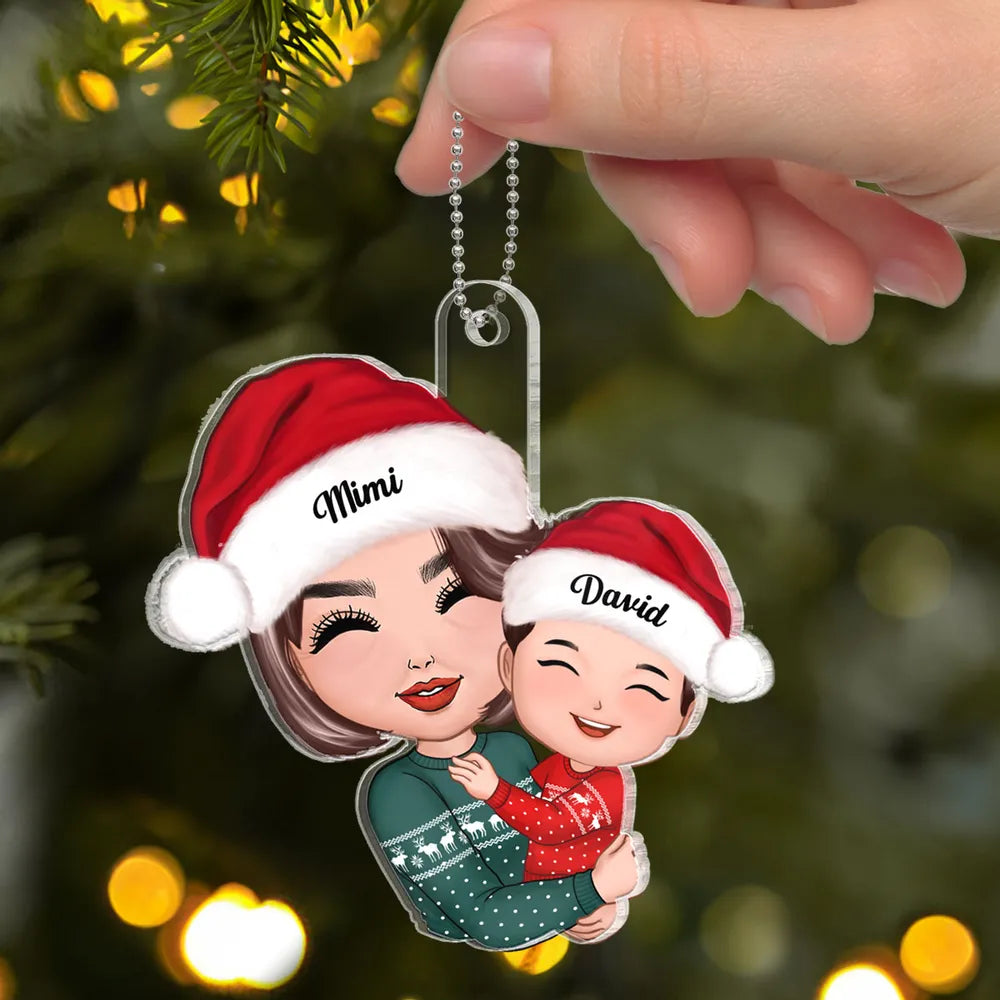 Gift for Grandkid & Grandma - Grandma Mom Hugging Kid - Personalized Custom Ornament, Keychain,Plaque and Pillow