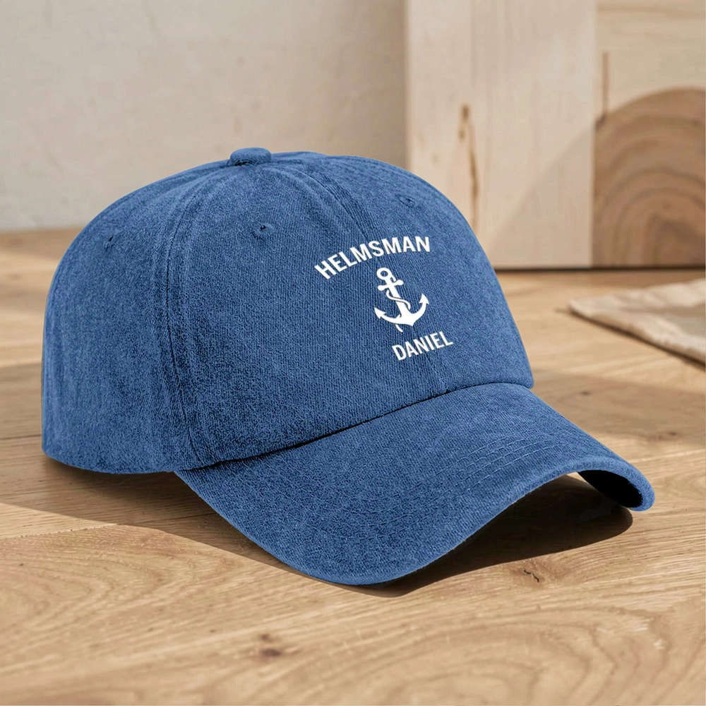 Personalized Washed Denim Baseball Cap with Anchor Icon, Nautical Vintage Look, Unique Gift for Sailors & Dads
