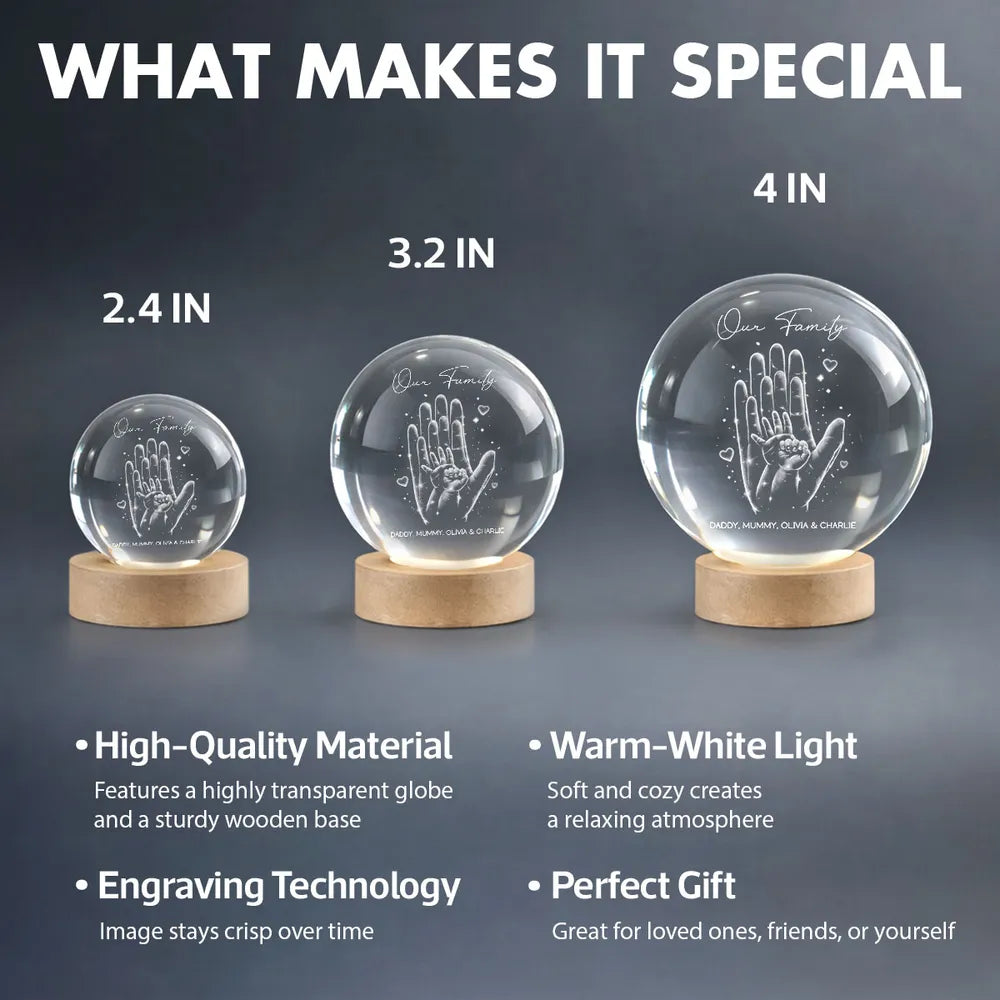 Personalized Crystal Ball LED Night Light with Family Handprint Glow, Cozy Nightstand Decor, Unique Gift for Mom & Dad