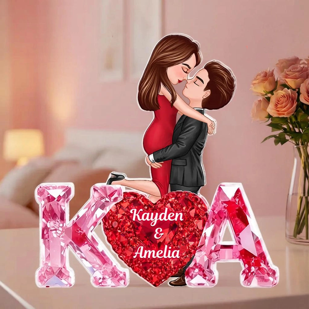 Personalized Shaped Acrylic Block Plaque With Couple Kissing Above Heart Initials, Unique Romantic Gift for Her or Him