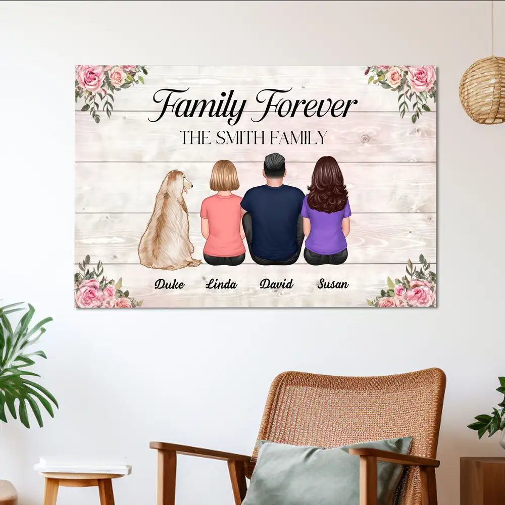 Family Forever Personalized Poster or Canvas – Back View Hug Scene with Pet and Kids, Thoughtful Gift for Family on Mother’s Day or Christmas