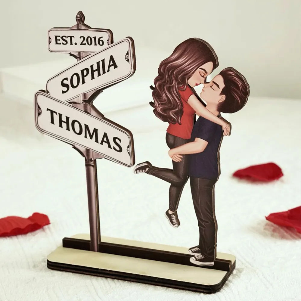 Personalized Street Sign Couple 2-Layer Wooden Plaque for Husband or Wife - Kissing Pose Keepsake, Unique Gift
