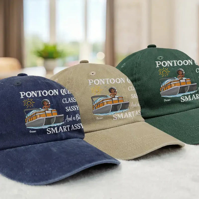 Pontoon Queen Classy Sassy Smart Assy Washed Denim Baseball Cap - Personalized Fun Boat-Day Cap, Easy Everyday Gift