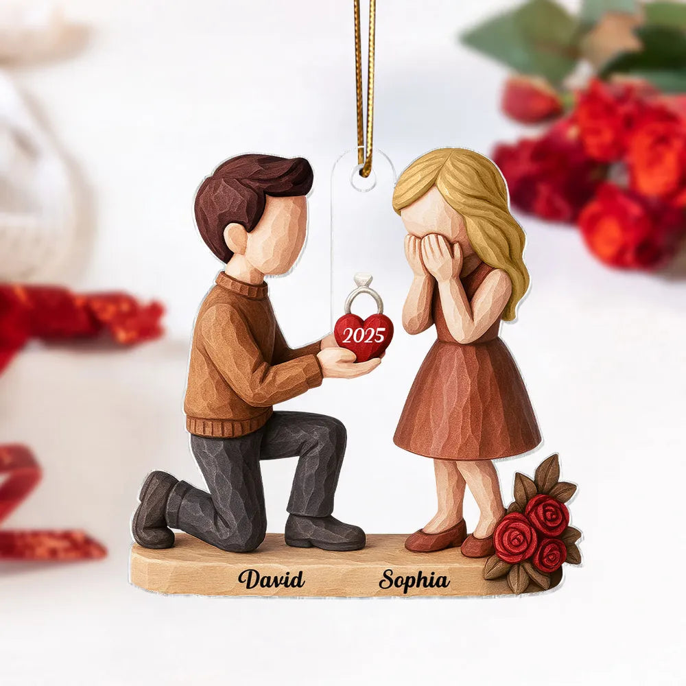 Engagement Acrylic Ornament with Kneeling Proposal & Roses, She Said Yes keepsake, unique gift for Couples and Fiance/Fiancee