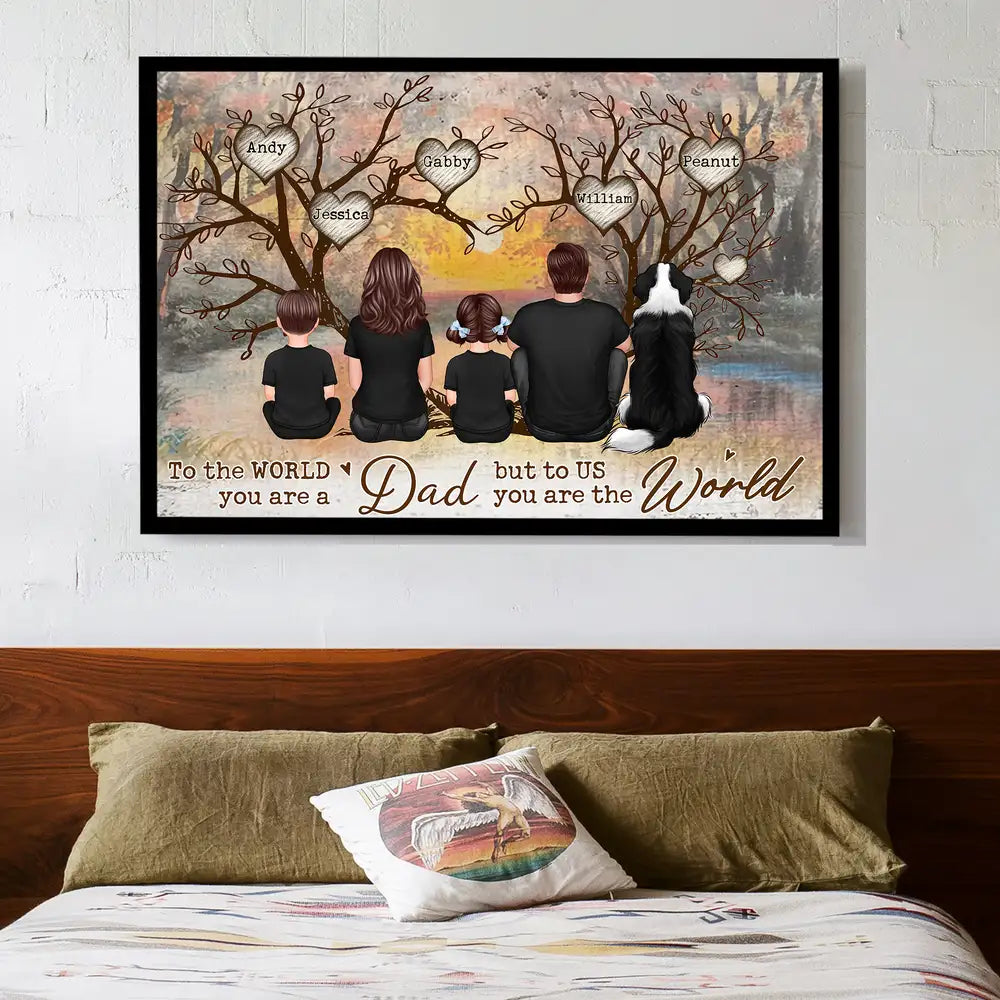 Back-View Family & Dog Tree Poster – “To the World You Are a Dad” Personalized Wall Art, Father’s Day Gift from Kids or Wife