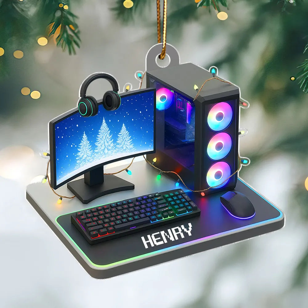 Custom Name Gaming Setup Acrylic Ornament with RGB PC & Keyboard, Cozy Holiday Decor, Creative Gift for Teen Gamer