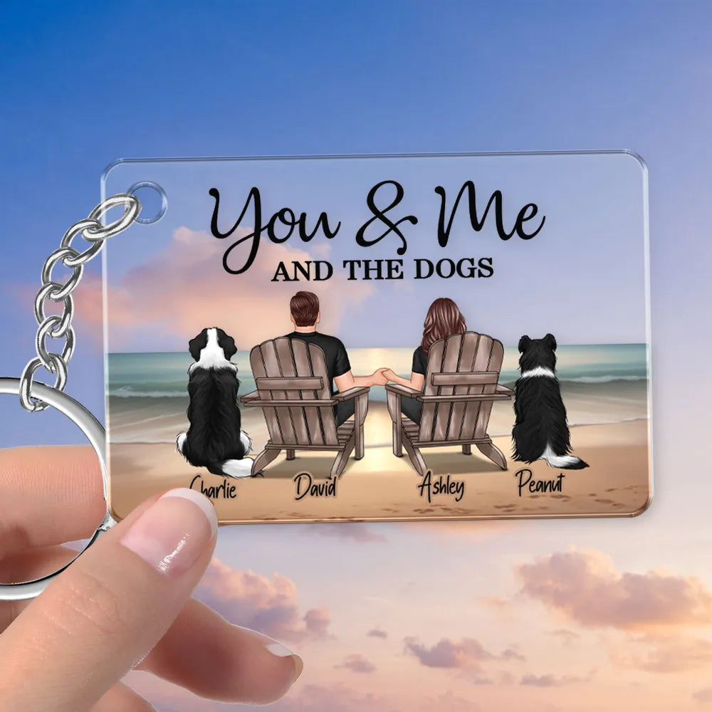 You Me And The Dogs Cats Couple Realistic Beach Landscape Personalized Acrylic Keychain or Poster or Plaque or Ornament, Gift For Him, For Her