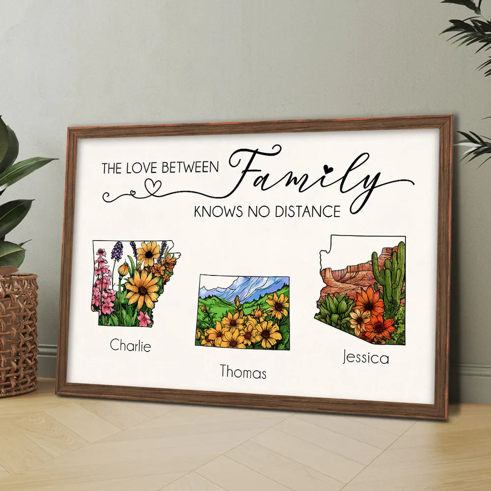 The Love Between Family Friends Knows No Distance Watercolor Wildflower State Map Personalized Poster or Plaque or Keychain or Ornament