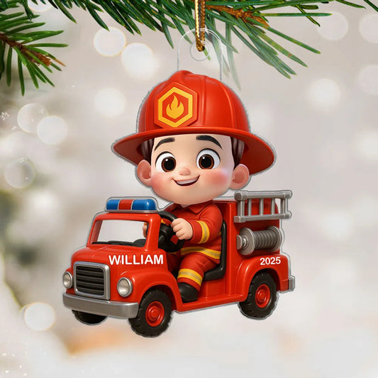 Personalized Firefighter Kid Acrylic Ornament – Christmas Gift for Boys