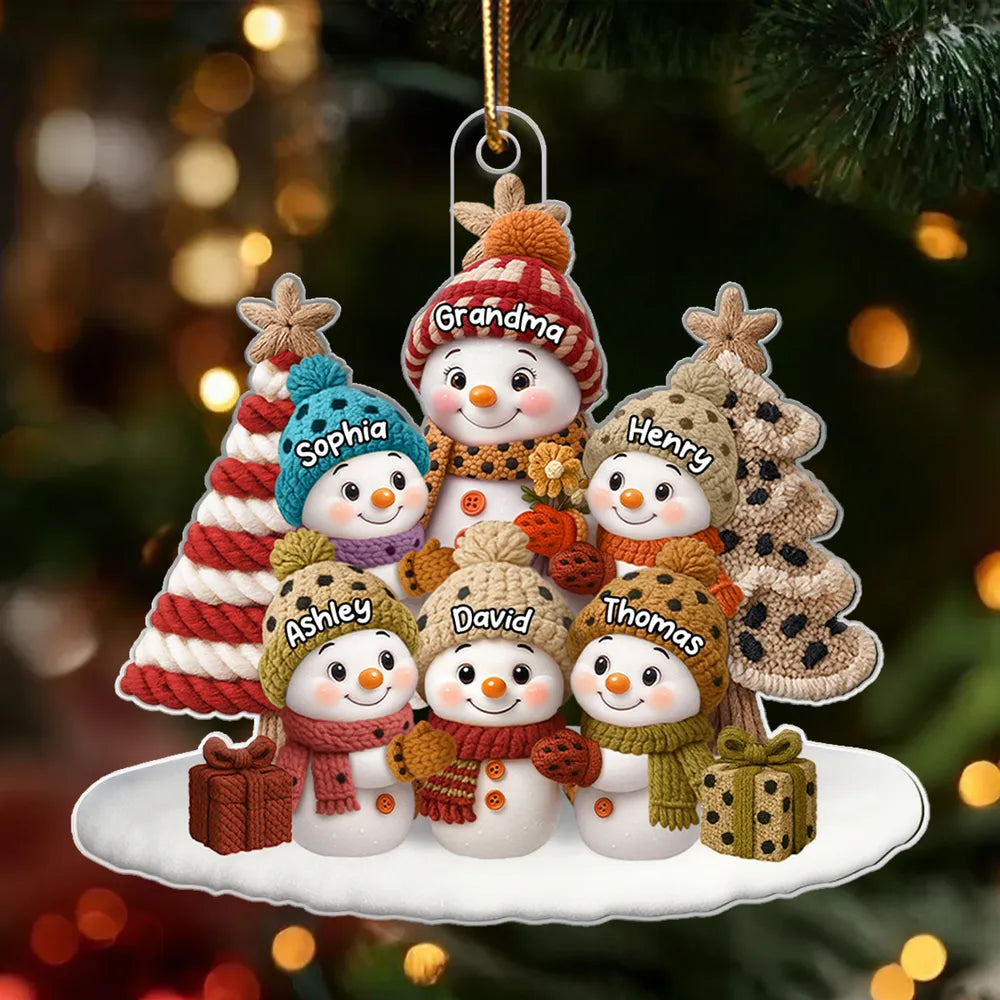 Acrylic Ornament Snowman Grandma & Grandkids, Embroidered-Effect Christmas Tree Decor, Unique Gift for Grandma