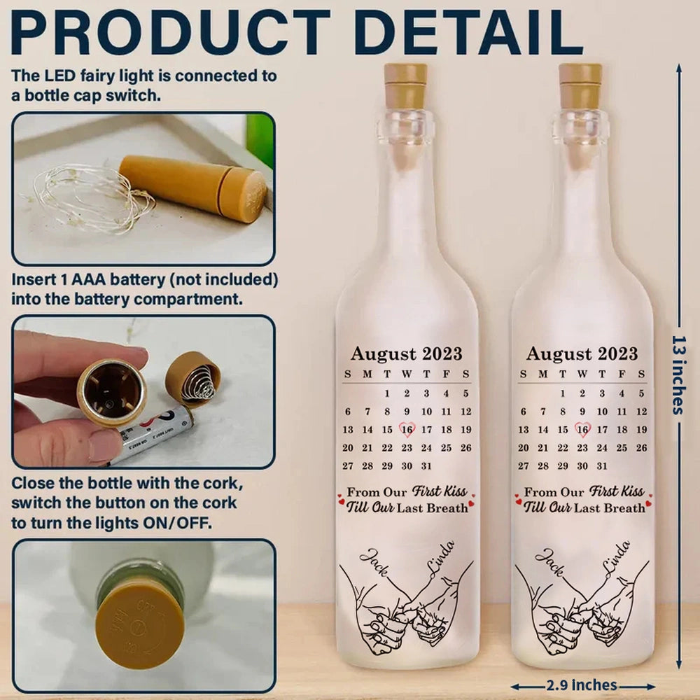 Personalized Bottle Lamp with Calendar Date & Couple Design, Soft Warm Glow for Romantic Nights, Unique Anniversary Gift