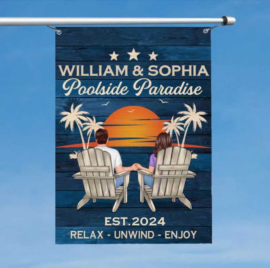 Relaxing Poolside Paradise Decor with Optional Flag Background Couple Sitting Personalized Sign, Flag, Vase - Perfect for Garden, Housewarming, Birthday, Anniversary Gift for Him, Her