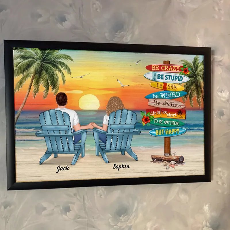 Personalized Beach Sunset Couple Poster, Holding Hands in Adirondack Chairs, Life is Too Short But Happy, Unique Gift