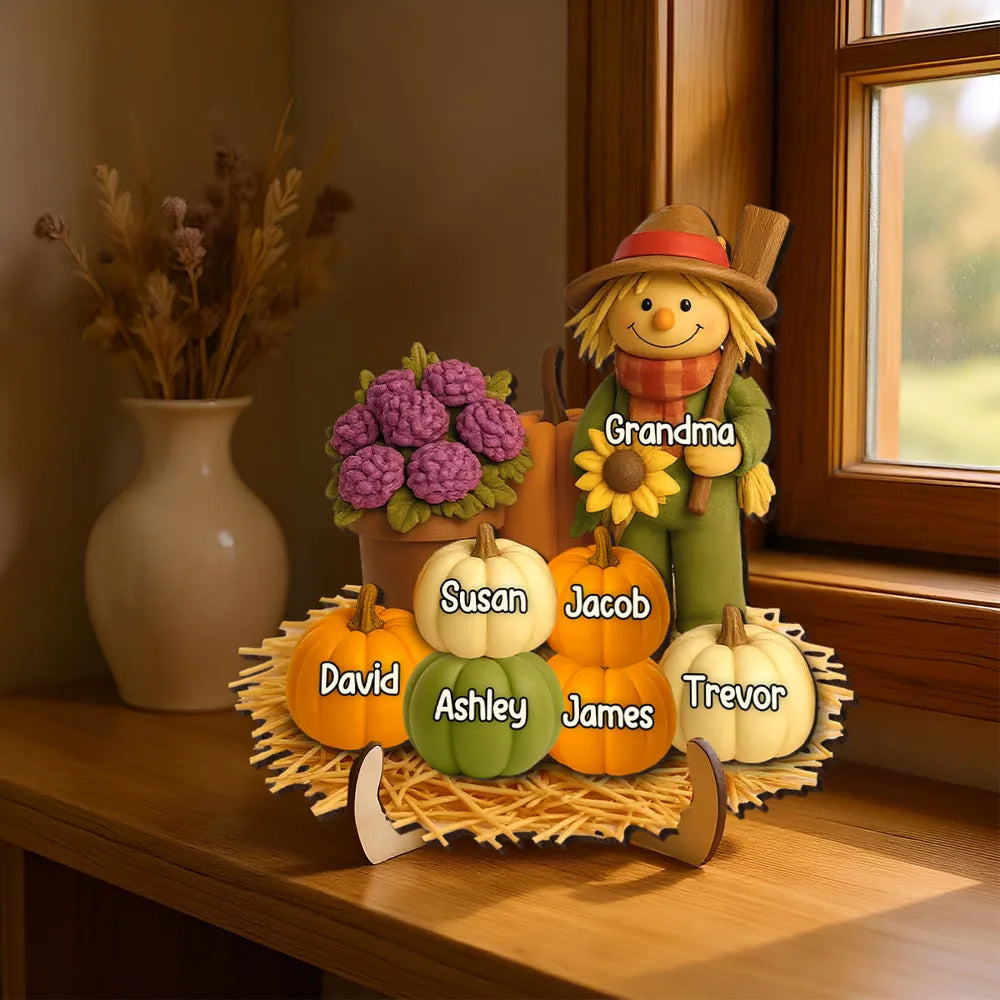 Autumn Harvest Wooden Plaque with Scarecrow and Pumpkins, Heartwarming Grandma Gift for Family Reunion Décor