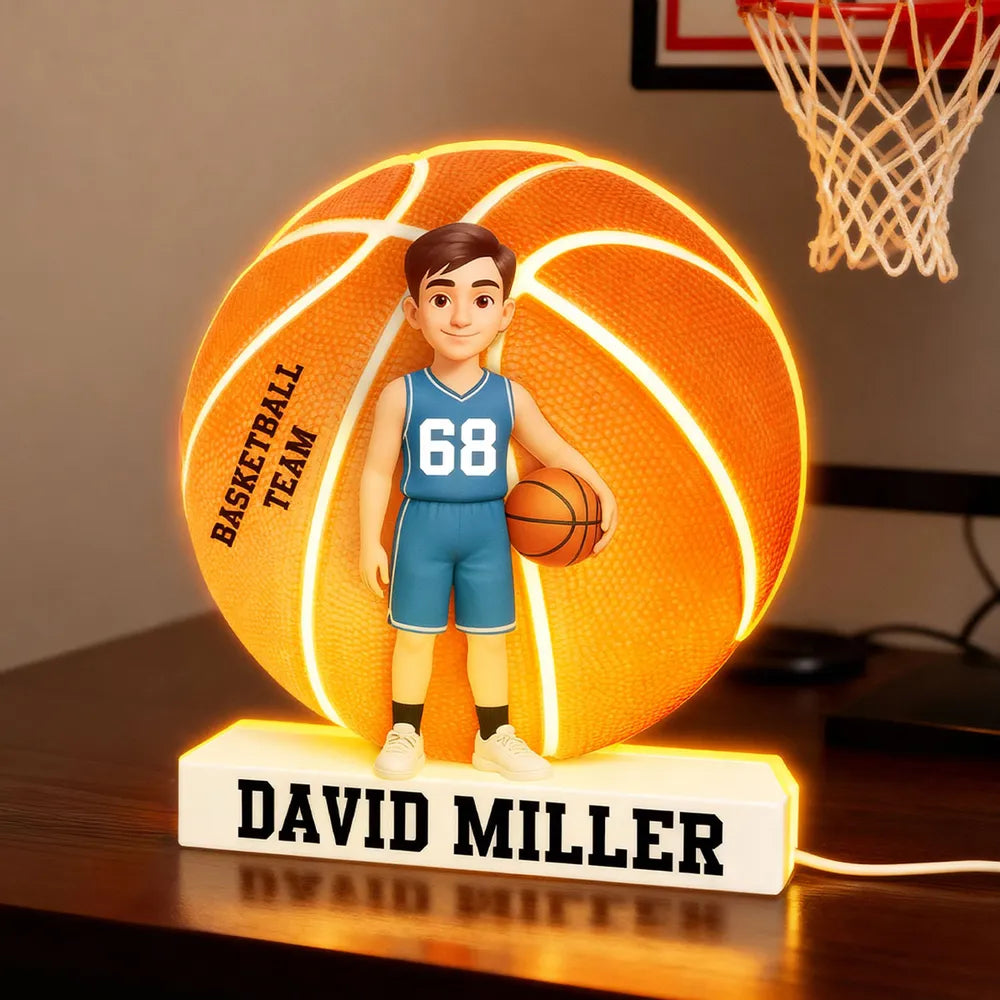 Custom Basketball Team Acrylic Light Box with Cute Player Illustration – Warm Atmosphere Light and Memorable Gift for Sports Lovers