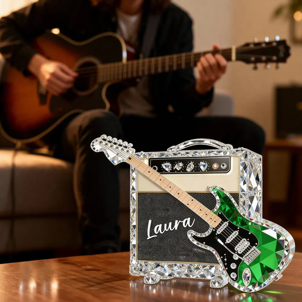 Personalized Guitar Shaped Acrylic Block Plaque, Amp and Electric Guitar Shelf Decor, Unique Gift for Music Lovers