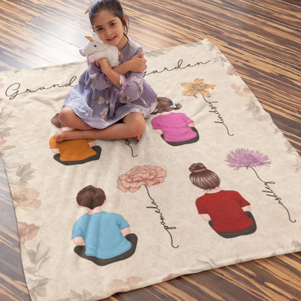 Grandma's Joy - Personalized Blanket with Grandkids & Vintage Birth Month Flowers - A Celebration of Family