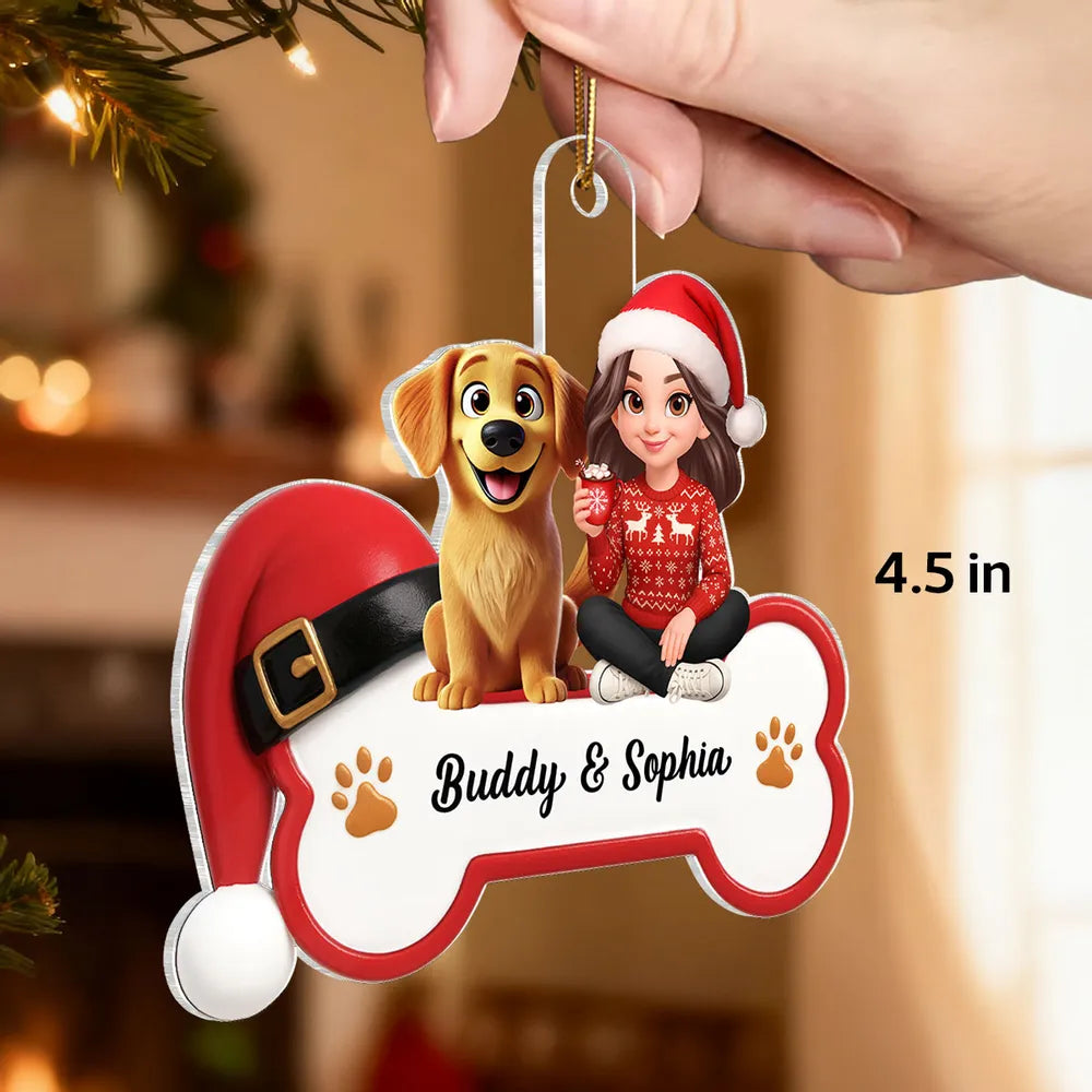Acrylic Ornament - Personalized Girl with Dog Bone Design for Christmas Tree, unique gift for Dog Lovers