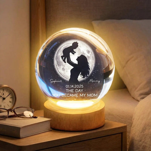 Personalized Globe Lamp with Mom Lifting Child Silhouette and Moon Glow, Unique Mother's Day Gift for Mom