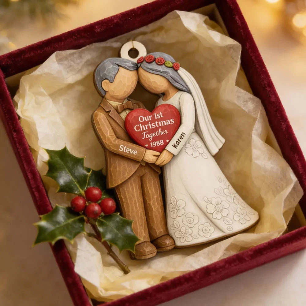 Wooden Ornament Personalized for Newlyweds, Handholding Bride and Groom Christmas Decor, Unique Gift for Couple