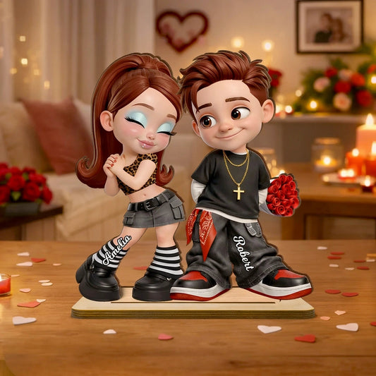 Personalized 2-Layer Wooden Plaque Y2K Style Couple Holding Roses, Unique Gift for Him or Her, Sweet Romantic Desk Decor