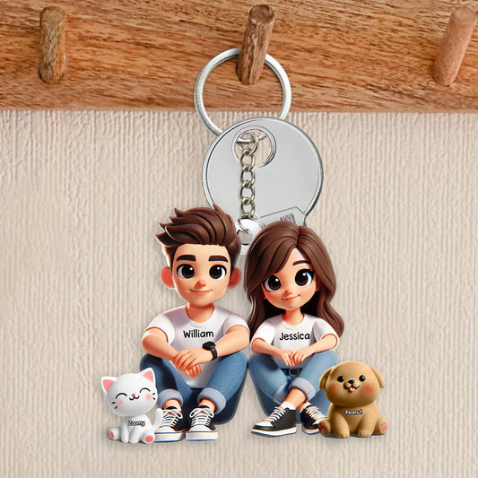 Personalized Acrylic Keychain – Cute Couple Cartoon Keychain with Names and Pet, Perfect Gift for Couples, Custom Love Keepsake for Family and Relationship Celebrations
