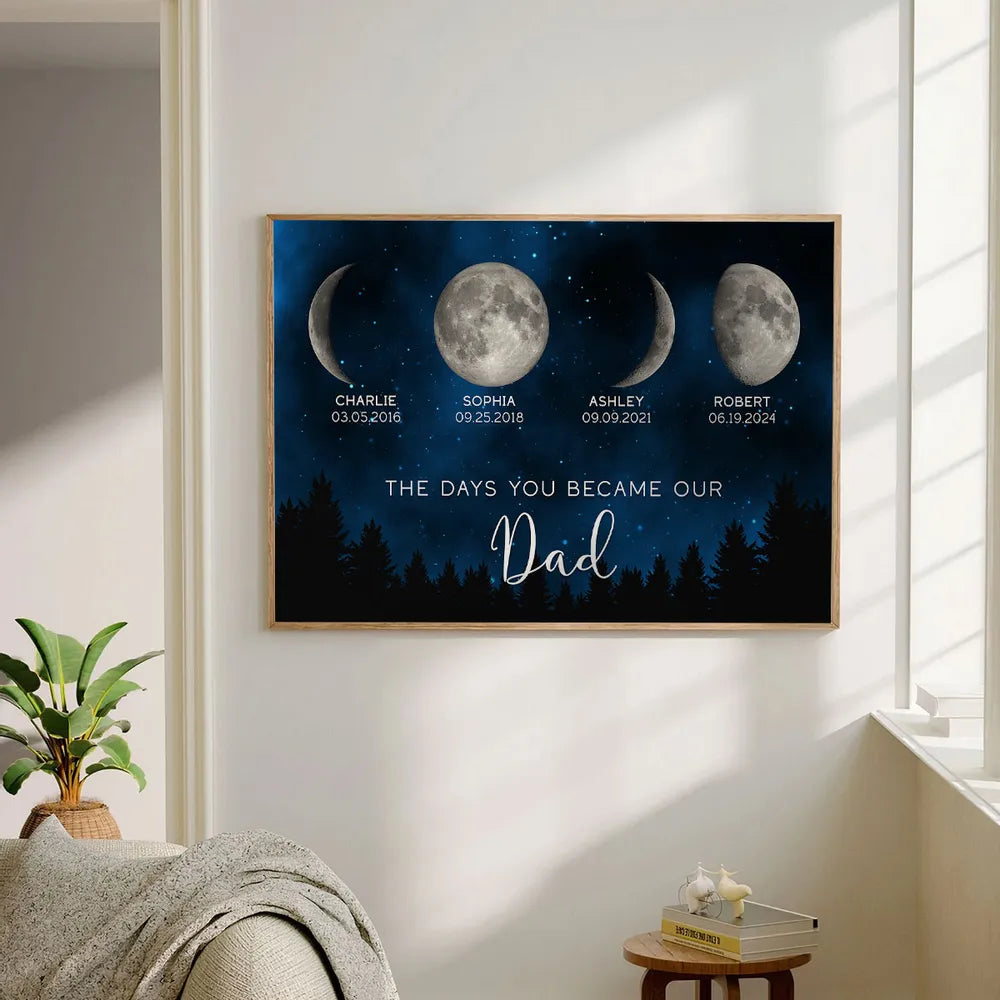 The Days You Became Our Dad Poster – Moon Phases over Forest Night Sky, Creative Personalized Gift for Dad