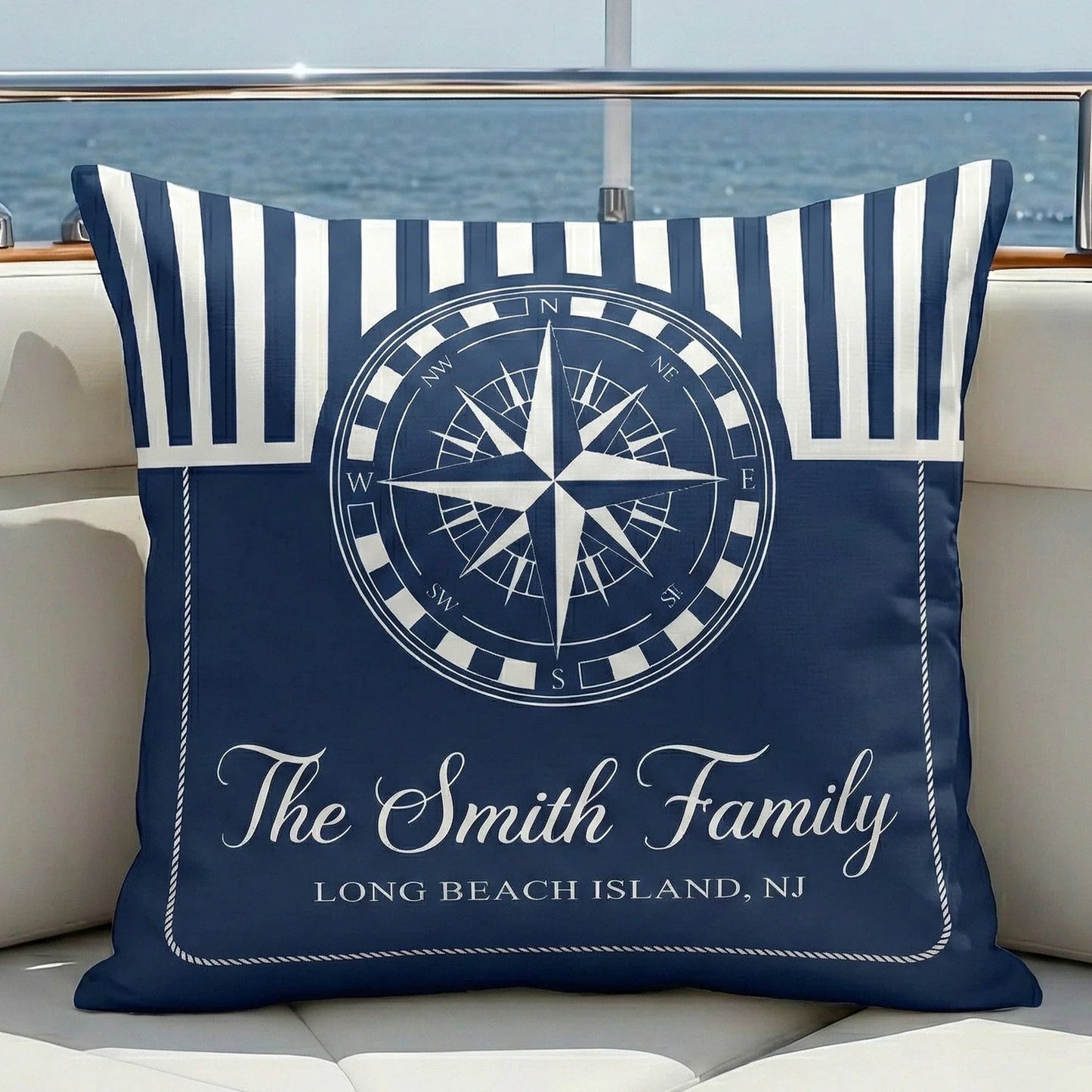 Navy Coastal Square Pillow, Personalized Family Name Boat Style Accent, Crisp Nautical Look, Unique Gift for Beach House