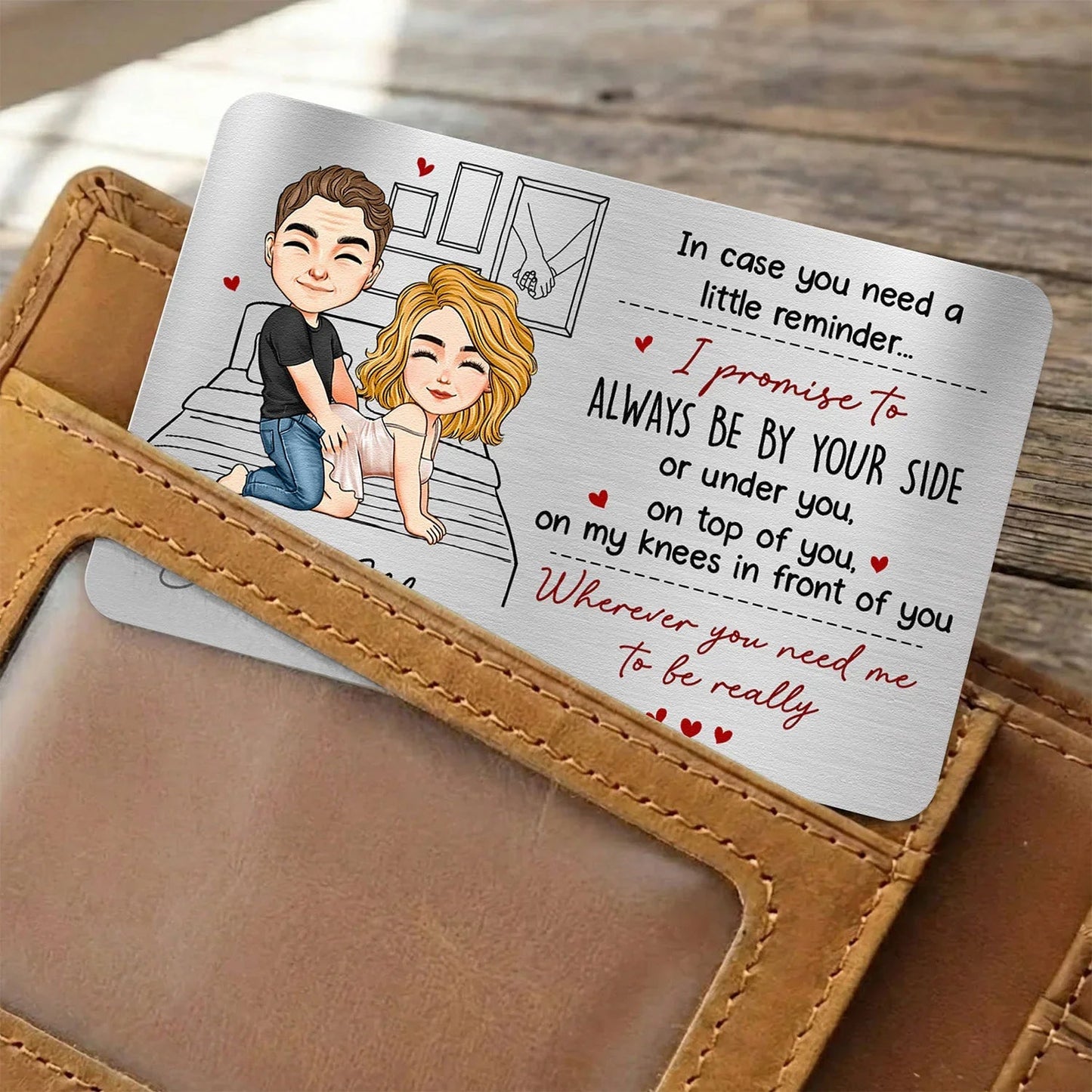 Personalized Metal Wallet Card with Funny Love Promise, Cute Couple Illustration, Unique Gift for Husband or Boyfriend