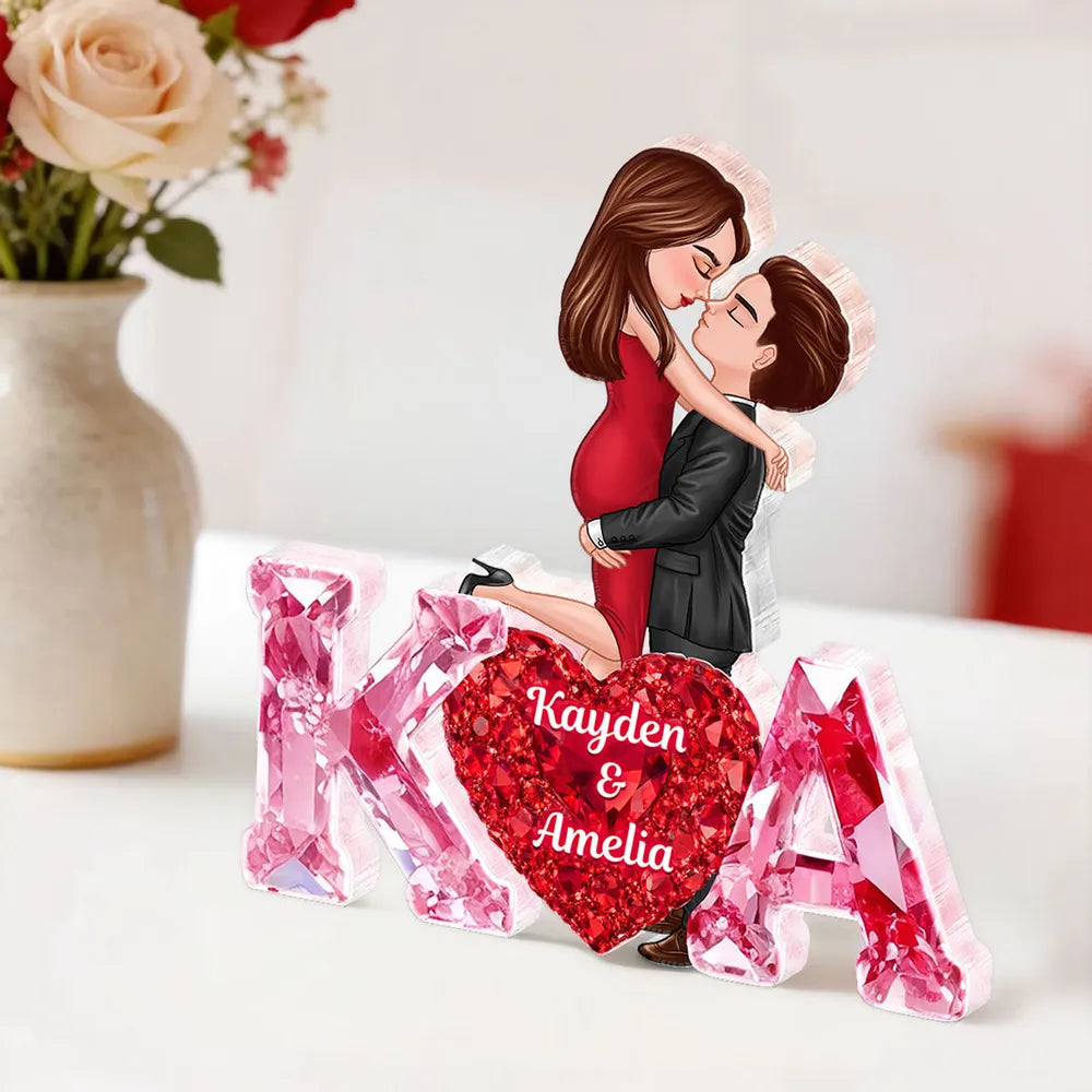 Personalized Shaped Acrylic Block Plaque With Couple Kissing Above Heart Initials, Unique Romantic Gift for Her or Him