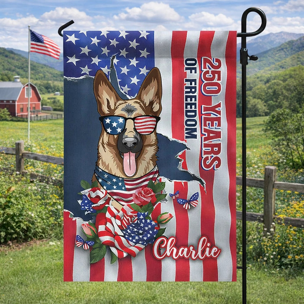 Personalized Patriotic Dog Garden Flag, 250 Years of Freedom Yard Decor, Unique Gift for Dog Lovers