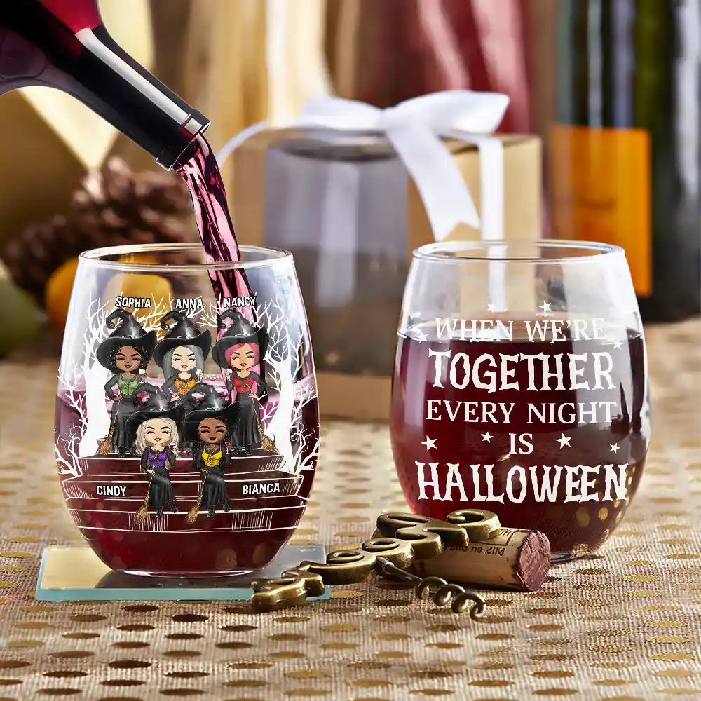 Drink Up Witches Halloween Wine Glass – Custom Witch Sisters Sitting on Bench – Spooky Gift for Best Friends or Sisters