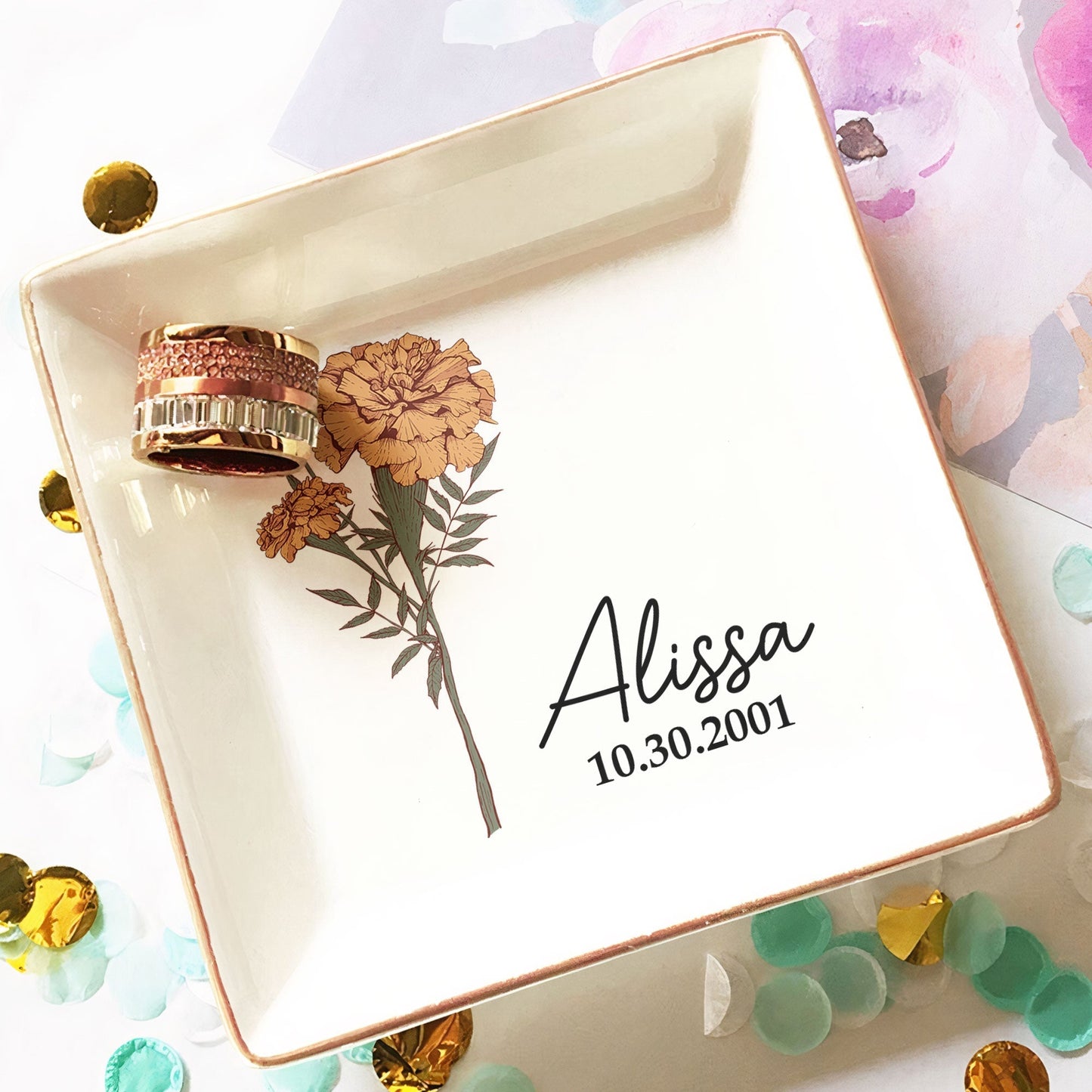 Personalized Jewelry Dish – Birth Month Flower Ring Tray with Name and Date