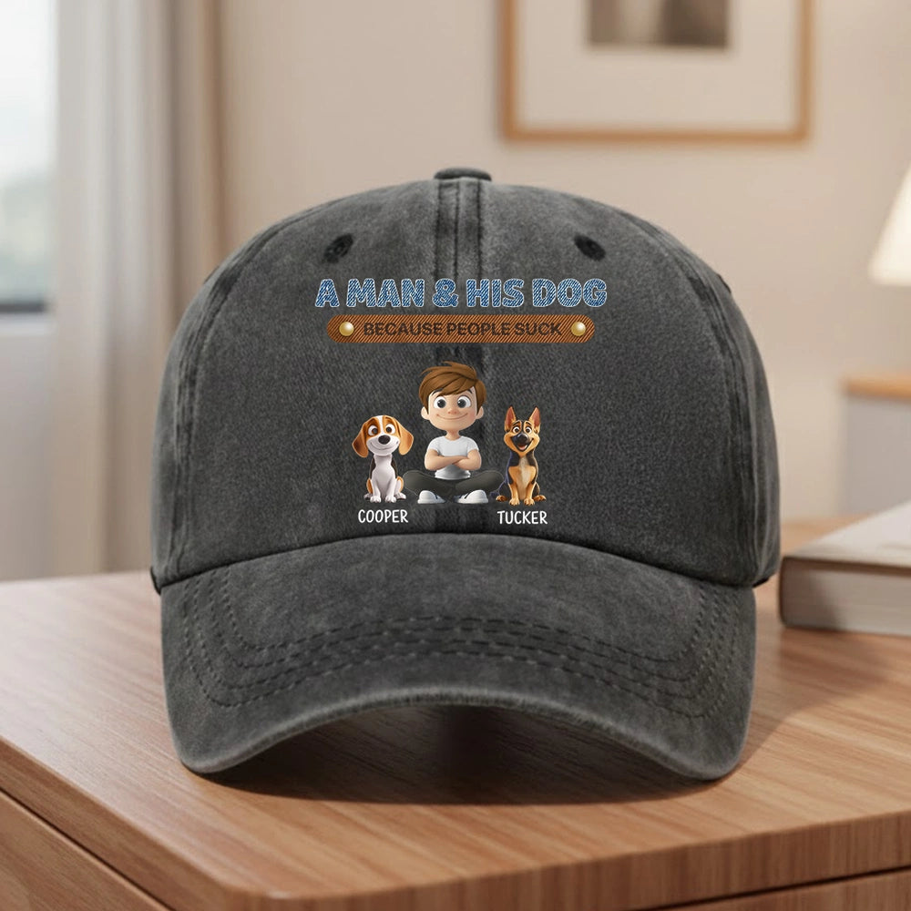 Personalized Washed Denim Baseball Cap for Dog & Cat Dads, Funny Cartoon Design, Casual Outdoor Wear, Unique Gift for Pet Lovers