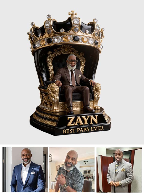 Custom King Throne Photo Figurine Statue for Black Grandpa | Personalized Best Black Grandpa Ever Crown Sculpture | Unique Father's Day Gift for Office Desk Decor